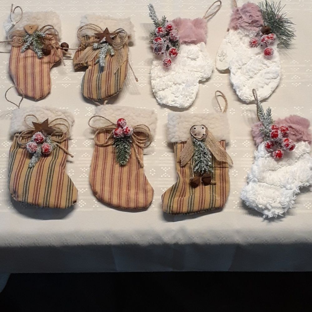 8 pc handmade mitten and sock ornaments‎